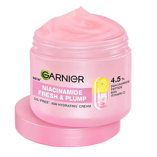 Garnier Fresh & Plump Niacinamide Sorbet Moisturizer Cream, 4.5% Niacinamide + Peptide + BHA + Vitamin C, 9x Lighter Sorbet Cream, For Hydrated and Plump Skin, Suitable for Oily to Normal & Combination Skin, 45g