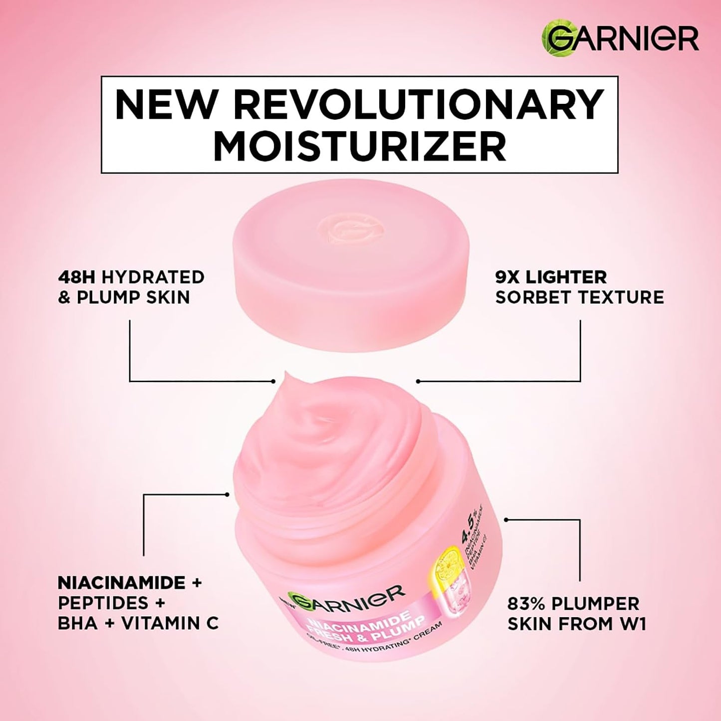 Garnier Fresh & Plump Niacinamide Sorbet Moisturizer Cream, 4.5% Niacinamide + Peptide + BHA + Vitamin C, 9x Lighter Sorbet Cream, For Hydrated and Plump Skin, Suitable for Oily to Normal & Combination Skin, 45g