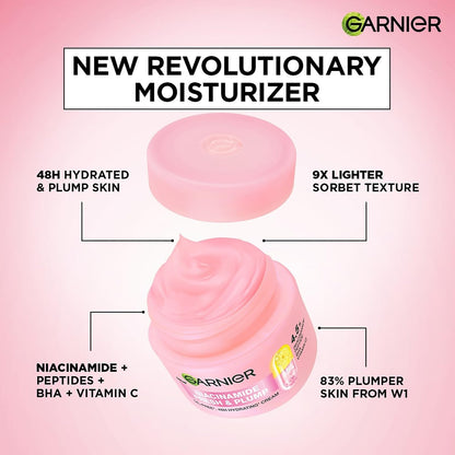 Garnier Fresh & Plump Niacinamide Sorbet Moisturizer Cream, 4.5% Niacinamide + Peptide + BHA + Vitamin C, 9x Lighter Sorbet Cream, For Hydrated and Plump Skin, Suitable for Oily to Normal & Combination Skin, 45g