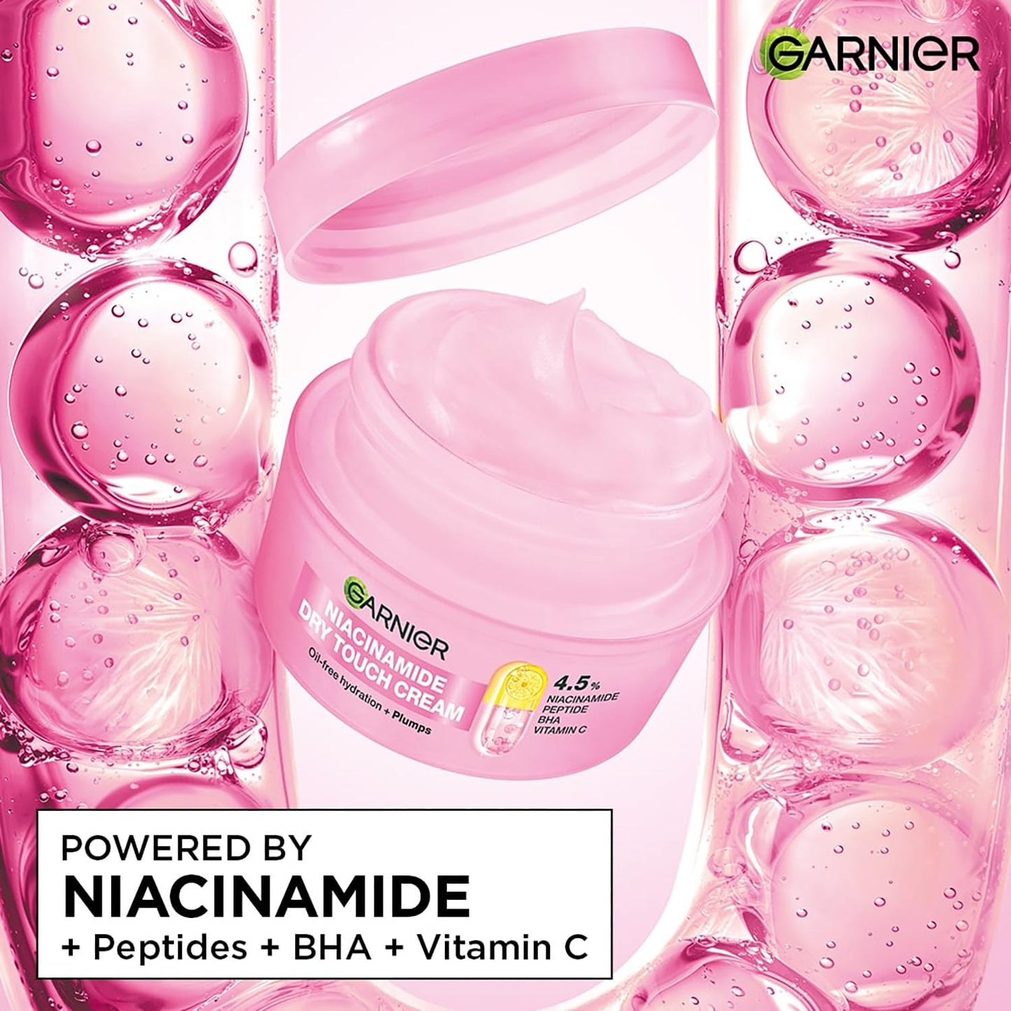 Garnier Fresh & Plump Niacinamide Sorbet Moisturizer Cream, 4.5% Niacinamide + Peptide + BHA + Vitamin C, 9x Lighter Sorbet Cream, For Hydrated and Plump Skin, Suitable for Oily to Normal & Combination Skin, 45g