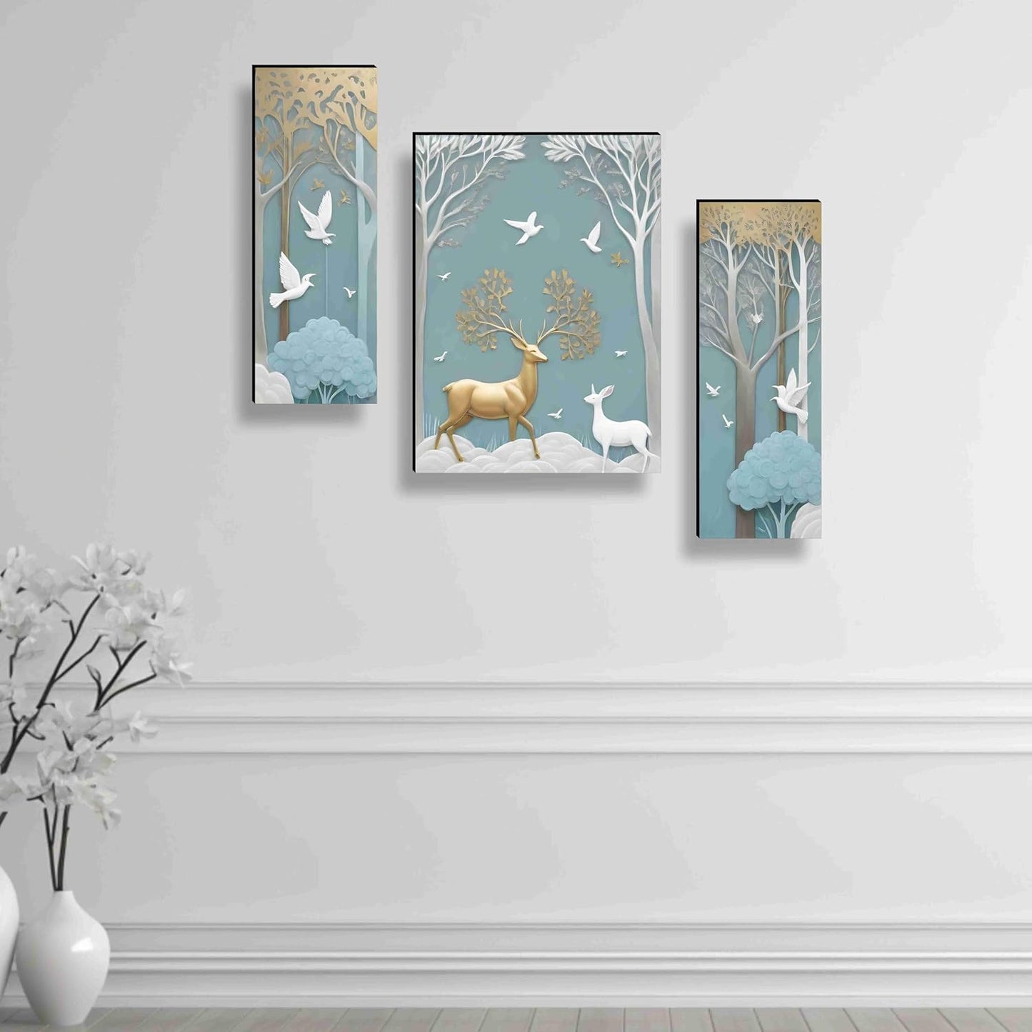 SAF deer Paintings for Wall Decoration - Set Of 3, 3d modern art Painting for Living Room Large Size with Frames for Home, Office painting 50.8 cm x 30.48...