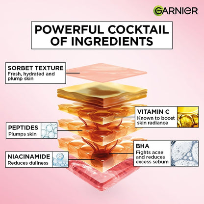 Garnier Fresh & Plump Niacinamide Sorbet Moisturizer Cream, 4.5% Niacinamide + Peptide + BHA + Vitamin C, 9x Lighter Sorbet Cream, For Hydrated and Plump Skin, Suitable for Oily to Normal & Combination Skin, 45g