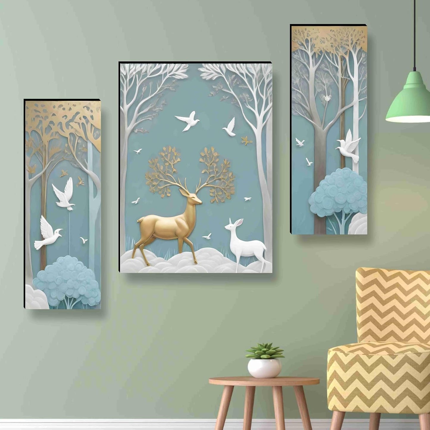 SAF deer Paintings for Wall Decoration - Set Of 3, 3d modern art Painting for Living Room Large Size with Frames for Home, Office painting 50.8 cm x 30.48...