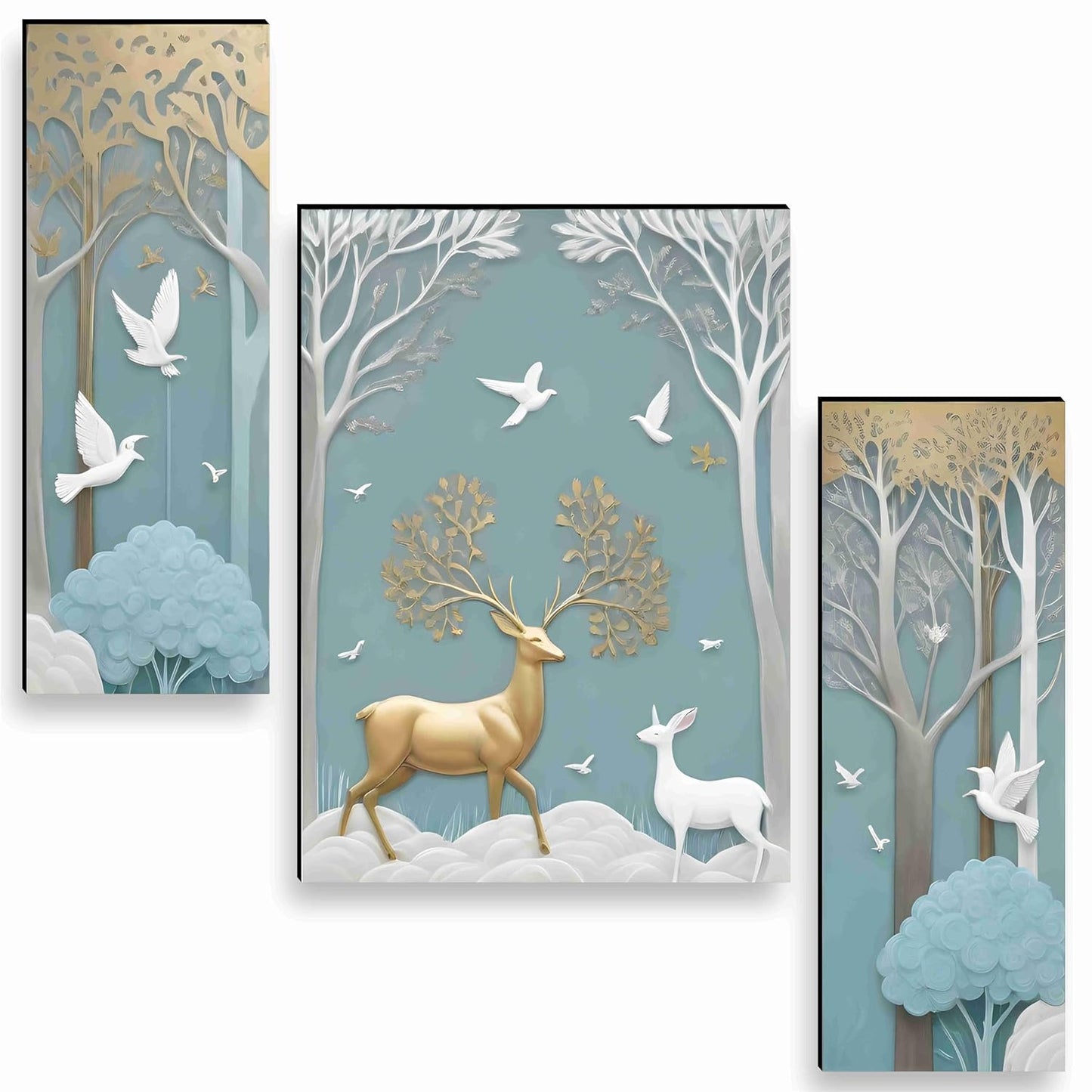 SAF deer Paintings for Wall Decoration - Set Of 3, 3d modern art Painting for Living Room Large Size with Frames for Home, Office painting 50.8 cm x 30.48...