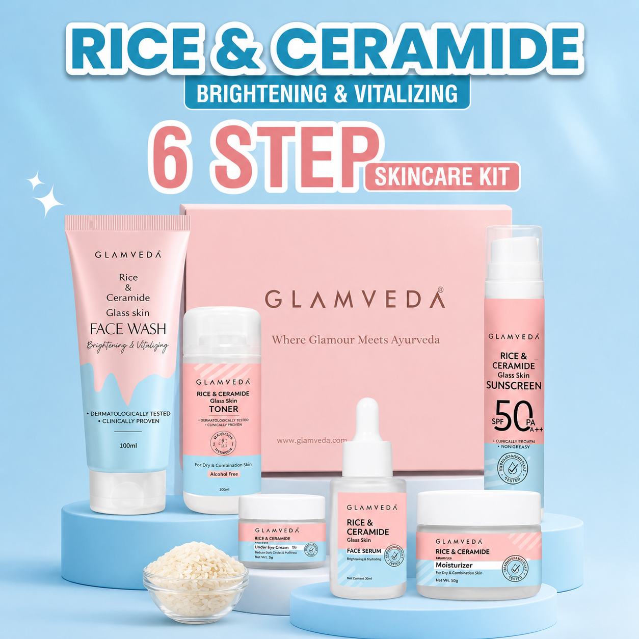 Glamveda Korean Rice Ceramide 6 Step Skincare Kit for Glowing Skin | Face Wash...